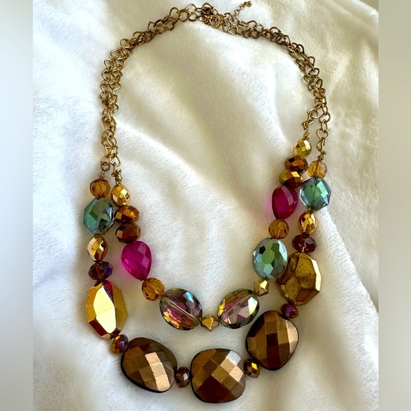 Layered glass bead statement necklace bold colors and brushed brass look - Picture 1 of 4